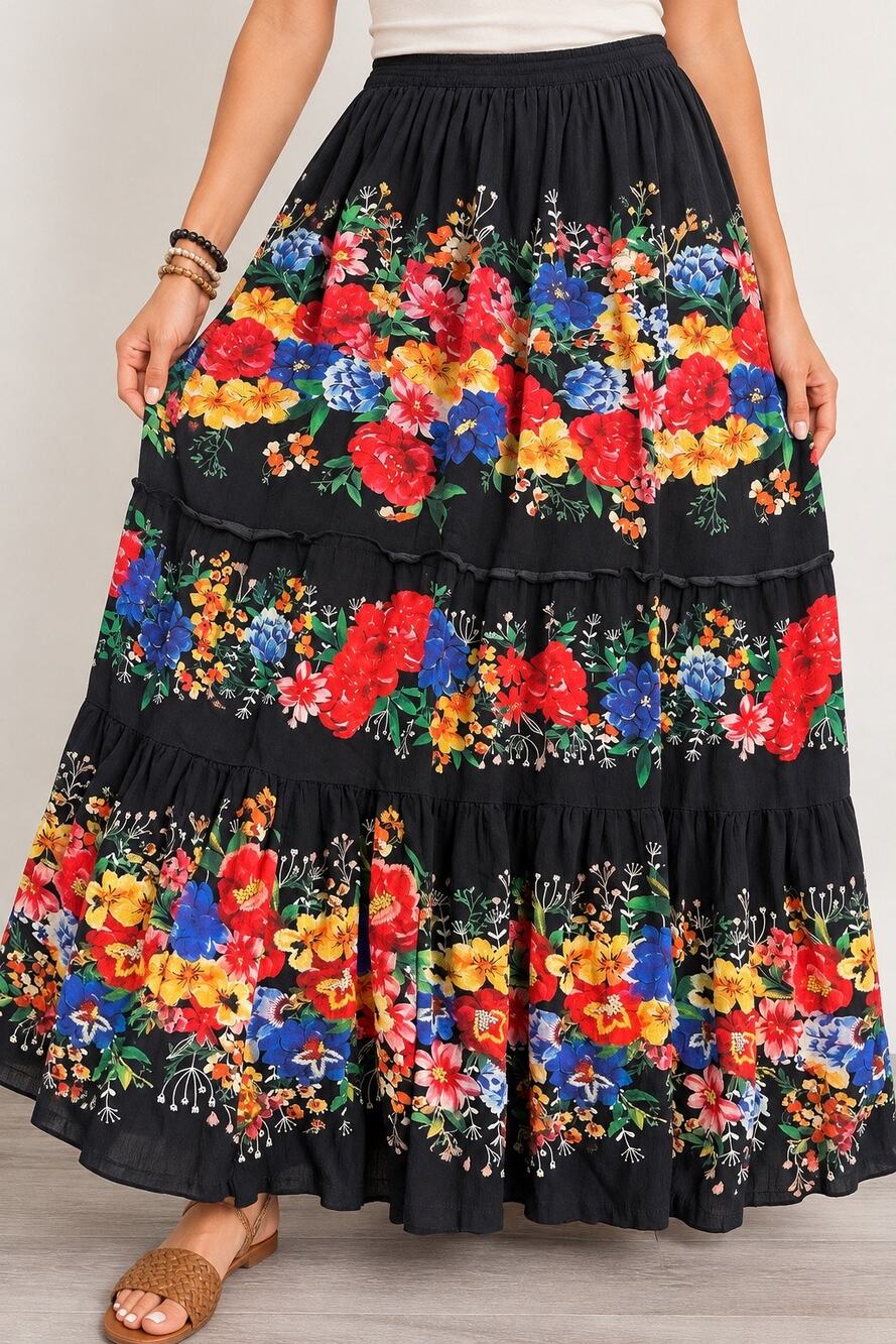 Natural Life Womens S Black Floral Tiered Maxi Skirt Boho Cottagecore Peasant